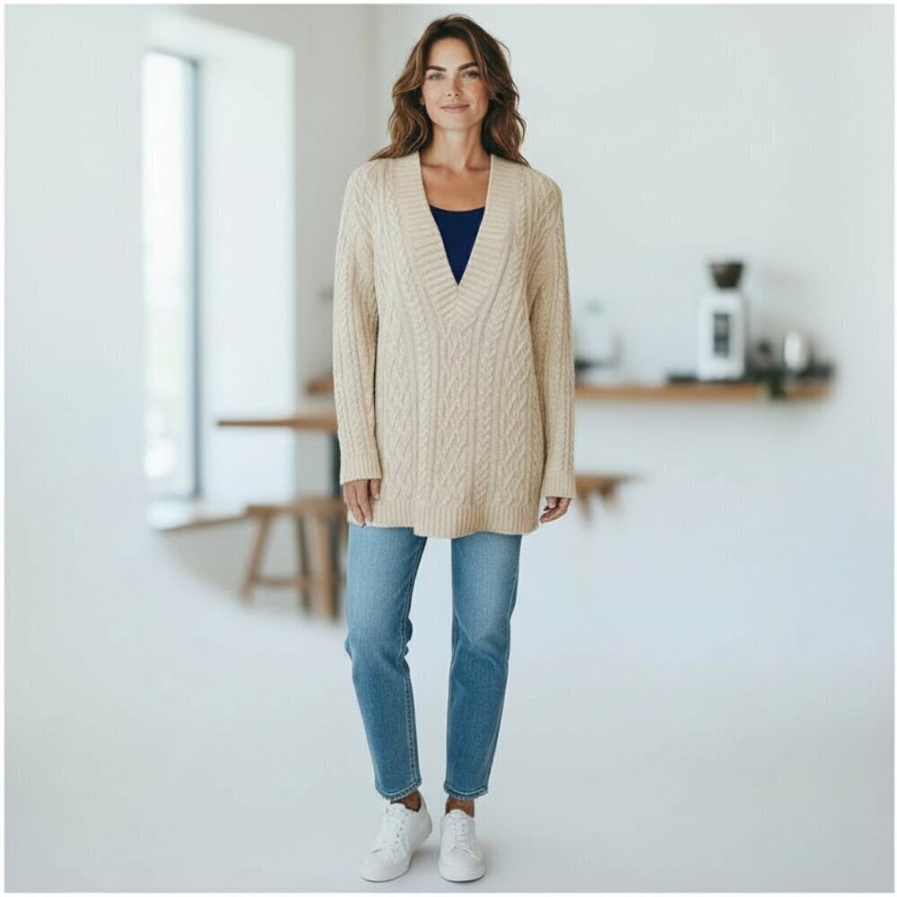 JEANNE PIERRE SZ M Women's 100% Cotton Deep V-Neck Cable-Knit Sweater Cream